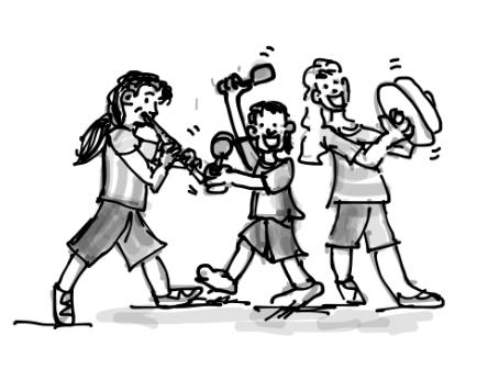 Zeichnung von drei musizierenden Kindern
