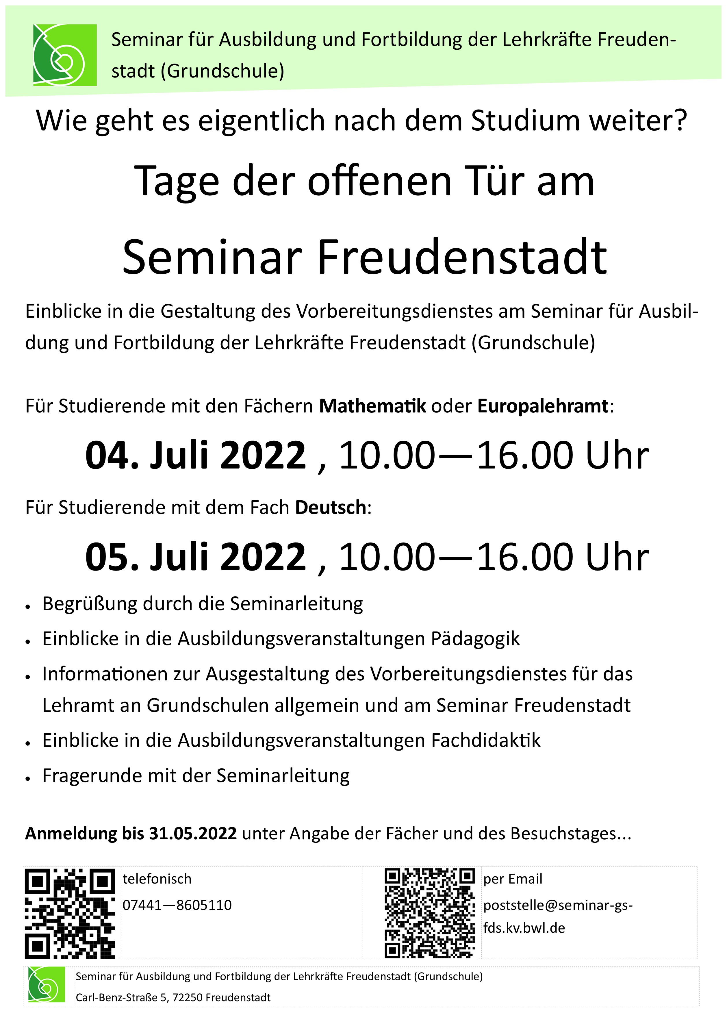 Plakat zum Tag der offenen Tür am Seminar Freudenstadt