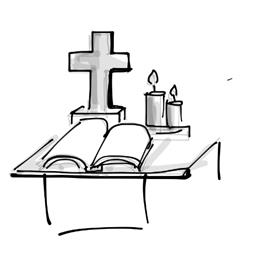 Zeichnung eines Altars mit Kerze, Kreuz und aufgeschlagener Bibel
